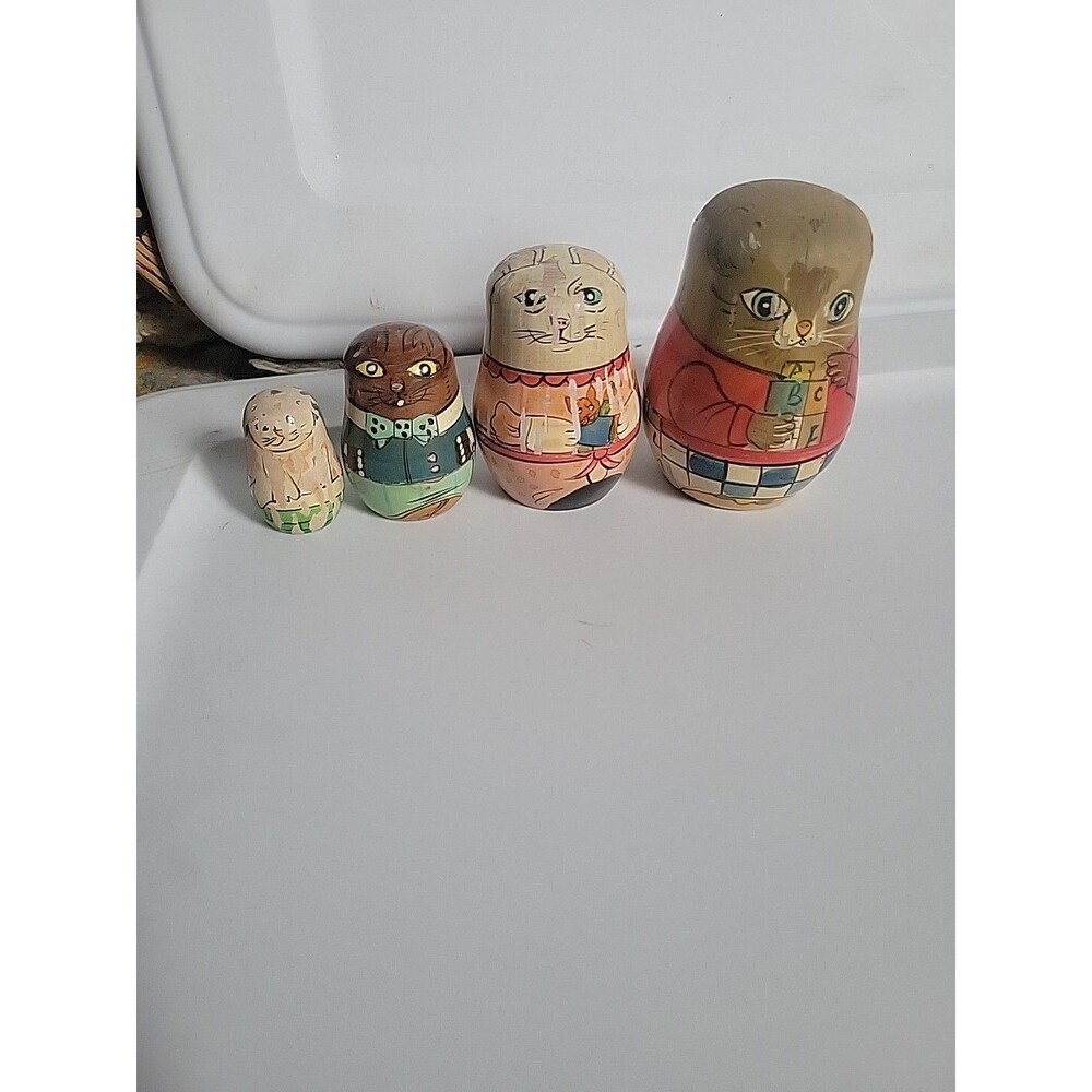 READ Cats Nesting Dolls Authentic Models Matryoshka Wood 4 Piece Vintage RARE